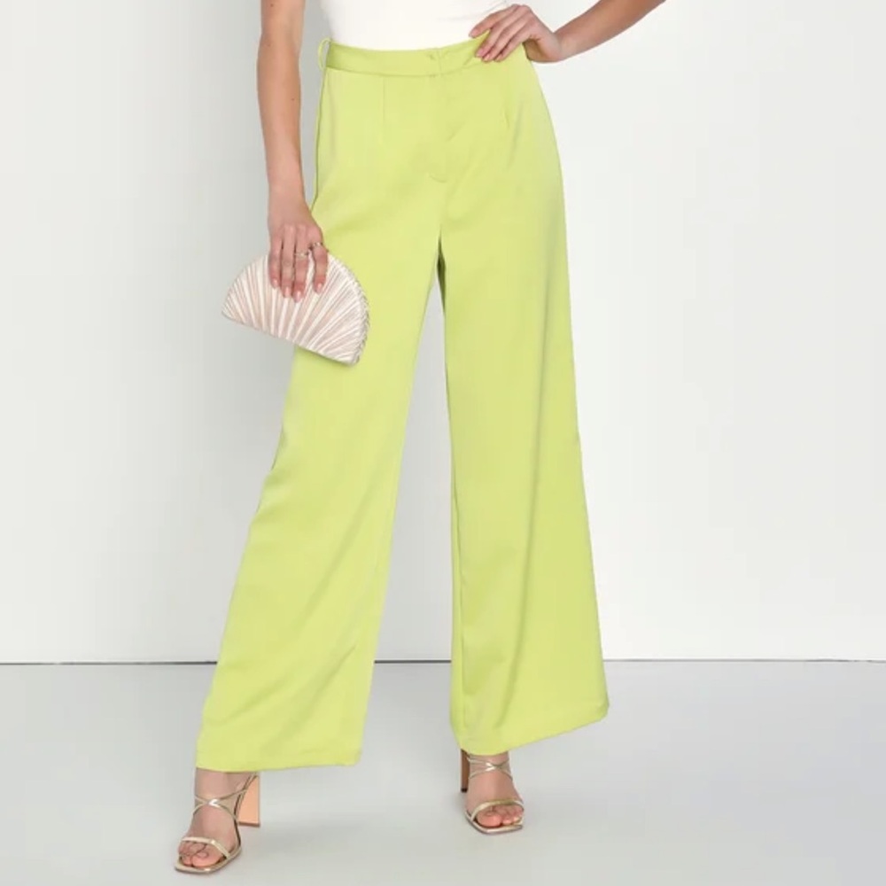Chic Mentality Lime Green Satin Wide Leg Pants